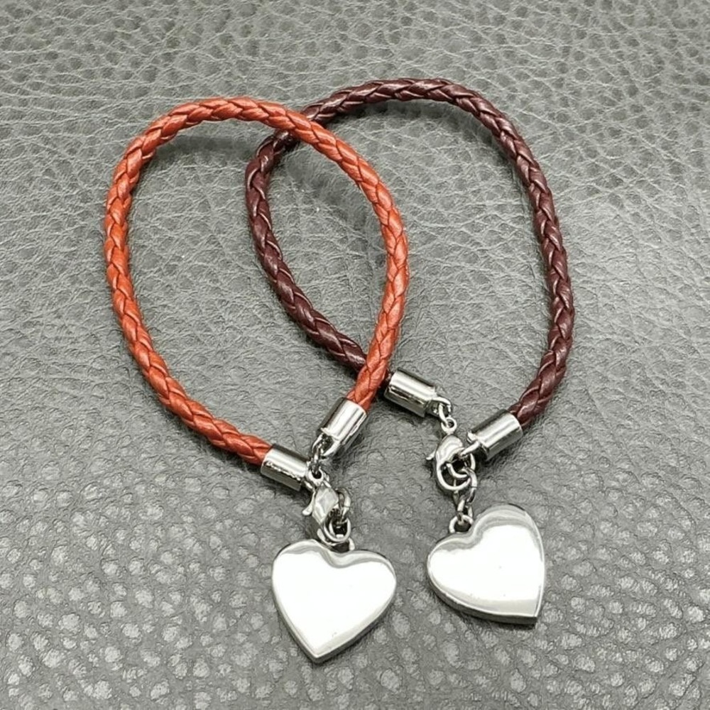 Nine West Bracelet Braided Cord Heart Charm Set of‎ 2 Brown Rust Silver Tone